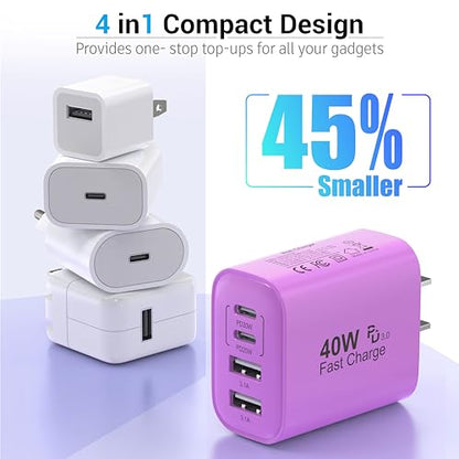 TT&C USB C Charger Block, 40W 4 Ports Wall Charger for iPhone 17,16,15,14 - color: Purple 1Pack