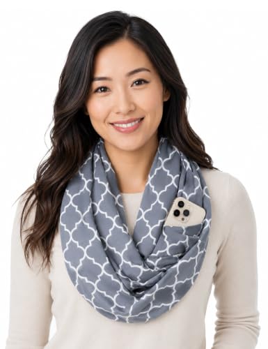 Pop Fashion Quatrefoil Pattern Infinity Scarf for Women - Travel Scarf with Hidden Pocket - All Seasons - color: Grey, size: 24.5 x 9.5