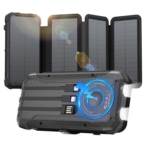 Solar Charger Built-in 3 Cables and 4 Solar Panels, Portable Wireless Charger 10,000mAh