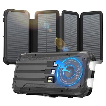 Solar Charger Built-in 3 Cables and 4 Solar Panels, Portable Wireless Charger 10,000mAh