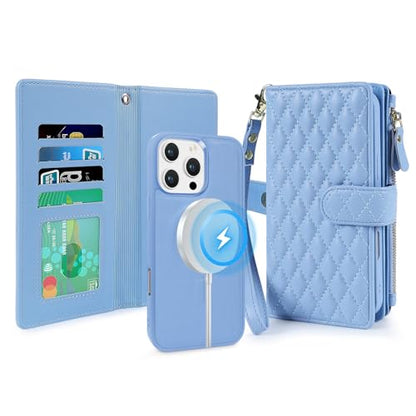 for iPhone 15 Pro Max Case Wallet,Compatible with MagSafe 2 in 1 Magnetic Detachable PU Leather RFID Blocking Wallet Cover Card Holder Zipper Wrist Strap Lanyard,Quilted Blue - color: Quilted Blue, size: iPhone 15 Pro Max