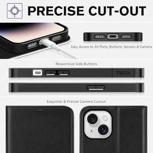 TUCCH Case Wallet for iPhone 14 (6.1"), RFID Blocking Folio, Black & White | 4 Card Holders, Kickstand, PU Leather, Magnetic Closure, Shockproof TPU Shell, Protective Flip Cover - color: Black & White