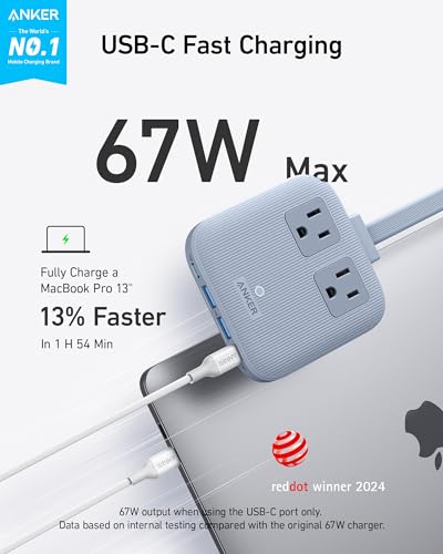 Anker Travel Power Strip, Anker Nano 67W Max 6-in-1 USB C Charger, 2 USB C - color: Ice Lake Blue