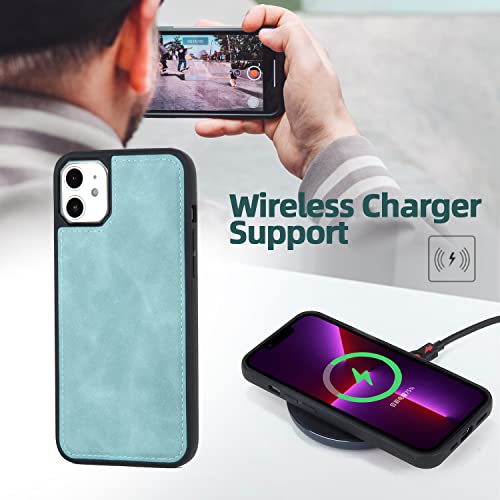 TwoHead for iPhone 11 Wallet case with 11 Card Holder (Blue) | Detachable Magnetic Phone Case, PU Leather Wallet for Women/Men,Wireless Charging Compatible,with Wrist Strap - color: Blue