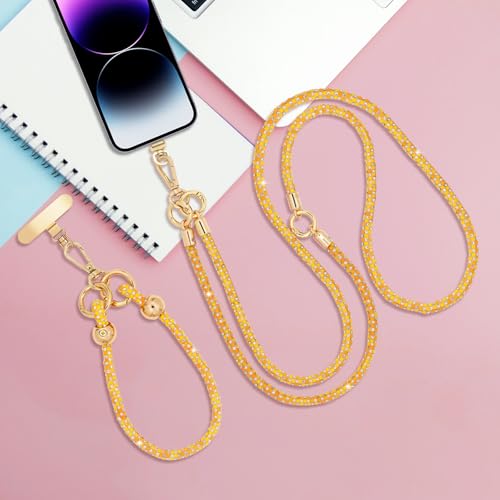 Crystal Phone Strap Crossbody and Wrist Lanyard, Anti Theft Layered & Wrist Strap Cell Phone Neck for Women - color: Orange
