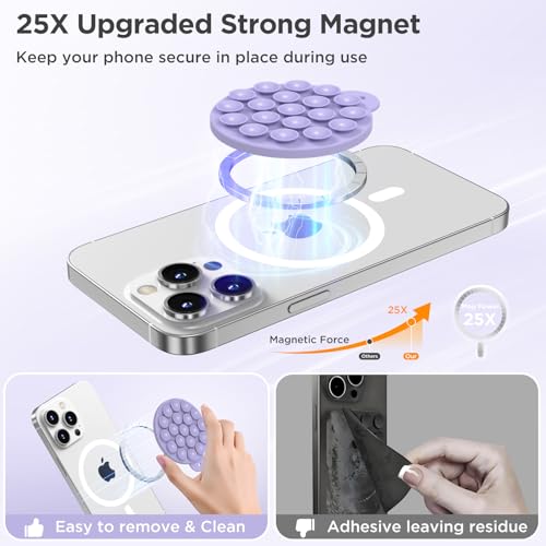 Magnetic Suction Cup Phone Mount with MagSafe, Silicone Hands-Free Grip Holder for iPhone Case and Android, Mirror Shower Phone Stand for Makeup FaceTime Gym Kitchen Bathroom, Lilac Purple - color: Lilac Purple