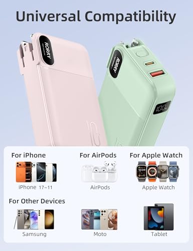 RORRY Portable Charger 3 in 1 with Wall Plug 10000mAh Power Bank for iPhone - color: Pink