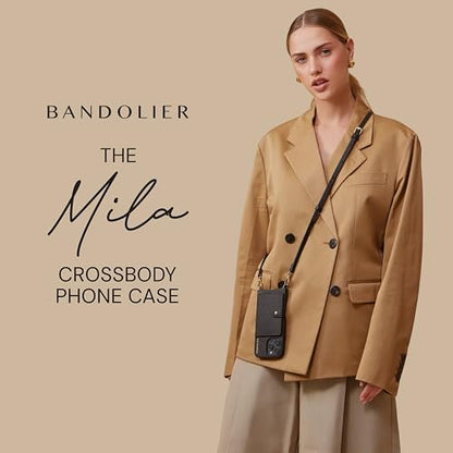 Bandolier Mila Leather Crossbody MagSafe Case iPhone 16 Pro Max- Black/G | Crossbody leather phone case. Built-in card-holder. Adjustable & removable strap. MagSafe Design. Phone drop protection. - color: Black/Gold, size: iPhone 16 Pro Max