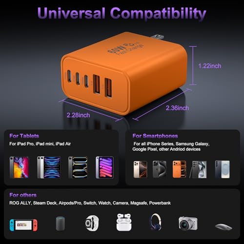 USB C Charger Block Fast Charging, 60W Phone Charger USBC Wall Plug Adapter - color: Orange-2Pack