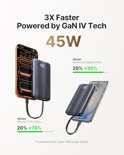 INIU 45W Fast Charging Portable Charger, 10000mAh with Built in Wall Plug | Slimmest, Built-in Wall Plug, USB-C Cable, GaN, Flight-Safe, 3 in 1 Power Bank for iPhone 17, Samsung, iPad etc - color: Black