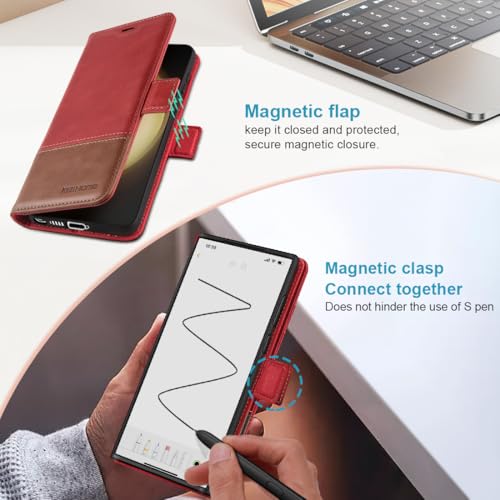 KEZiHOME Genuine Leather Wallet Case for Samsung Galaxy S25 Ultra | Red/Brown, RFID Blocking, S25 Ultra Wallet Case, Card Slot, Flip, Magnetic Stand Phone Cover Compatible with S25 Ultra - color: Red/Brown, size: Galaxy S25 Ultra Case