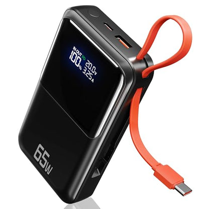 65W Portable Laptop Charger - 26,800mAh Power Bank with Built-in USB-C Cables, 3-Port 130W Total Fast Charging for MacBook/iPhone/Steam Deck|TSA-Approved Travel Essential Airplane Safe (Black)
