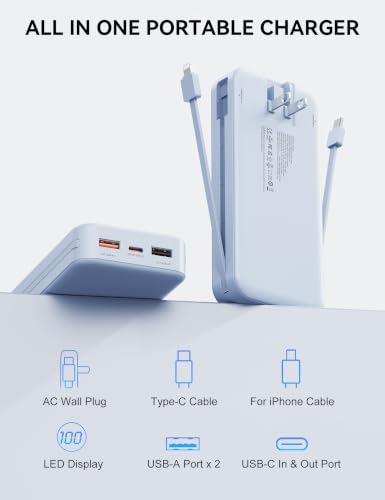 Nusyddy Portable Charger 20000mAh Fast Charging w/Built-in Wall Plug Blue - color: Sky Blue