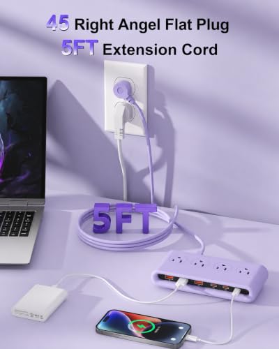 Power Strip with USB Port - 4AC & 6 USB(3USB C), Outlet Extender 5FT - color: Purple