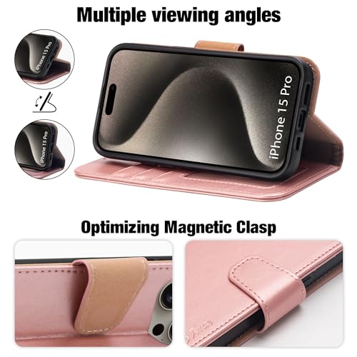 Arae Compatible with iPhone 15 Pro Case with Card Holder and Wrist Strap Wallet Flip Cover for iPhone 15 Pro 6.1 inch,Rose Gold - color: Rose Gold, size: iPhone 15 Pro 6.1 inch