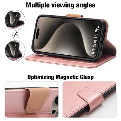 Arae Compatible with iPhone 15 Pro Case with Card Holder and Wrist Strap Wallet Flip Cover for iPhone 15 Pro 6.1 inch,Rose Gold - color: Rose Gold, size: iPhone 15 Pro 6.1 inch