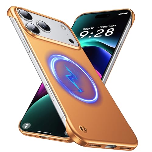 GRECAZO Magnetic Frosted Frameless Case for iPhone 17 Pro, Orange | Compatible with MagSafe, Metallic Finish, Hard PC Cover, Ultra Thin Lightweight Minimalist Borderless, Slim Fit, 6.3-Inch - color: Orange, size: iPhone 17 Pro