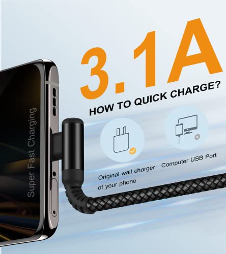 USB to USB C Cable Right Angle 3.1A Fast Charger Carplay 2-Pack 6.6ft Black - color: black, size: 6.6ft+6.6ft