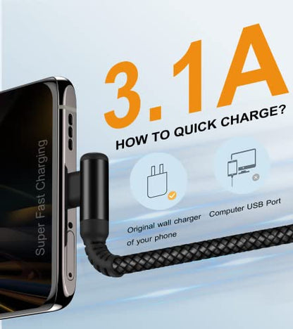 USB to USB C Cable Right Angle 3.1A Fast Charging Carplay 2-Pack 10ft Black - color: black, size: 10ft+10ft