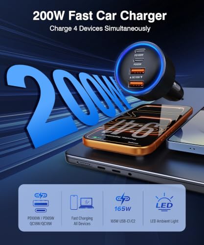 USB C Car Charger Fast Charge,200W Dual PD 4-Port Cigarette Lighter Adapter