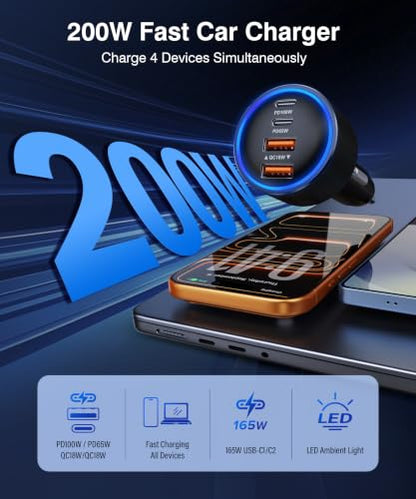 USB C Car Charger Fast Charge,200W Dual PD 4-Port Cigarette Lighter Adapter