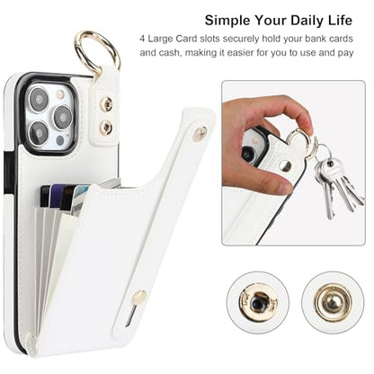 Folosu for iPhone 15 Pro Max Wallet Case with Card Holder, Hand Wrist Strap Loop Holder Kickstand, RFID Blocking Finger Grip Ring PU Leather Double Buttons Shockproof Cover 6.7" White - color: White