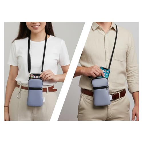 Tainada Neoprene Small Crossbody Zipper Neck Cellphone Case Pouch (Gray) | Mini Neoprene Dual Zip Wallet Purse Bag; Water-Resistant, Shockproof, Lightweight; Adjustable & Detachable Lanyard Strap - color: Gray