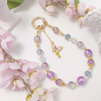 Cute Phone Wrist Strap Chic Beaded Cellphone Lanyard Phone Charm Grip Strap - color: Purple Butterfly