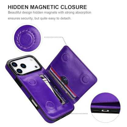 KIHUWEY Compatible with iPhone 17 Pro Max Wallet Case Credit Card Holder, Premium Leather Kickstand Flip Hidden Magnetic Clasp Durable Shockproof Protective Cover for 6.9 inch (Purple) - color: Purple