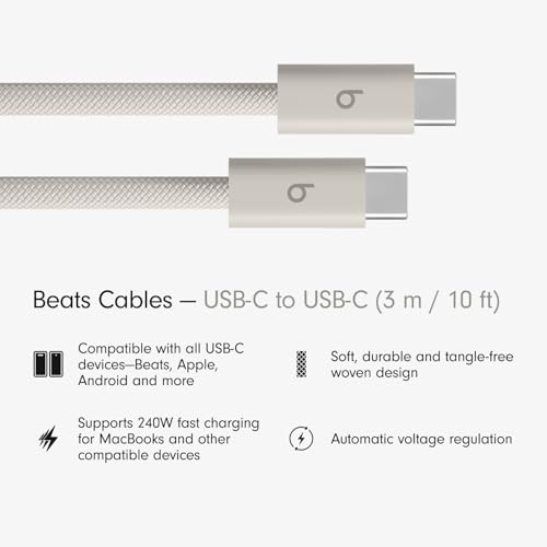 Beats 240W USB-C to USB-C Braided Cable, Fast Charging, Durable/Tangle Free, Compatible with Apple and Android Devices (3 m/10 ft) – Surge Stone - color: Surge Stone, size: 10 ft, style: USB-C to USB-C