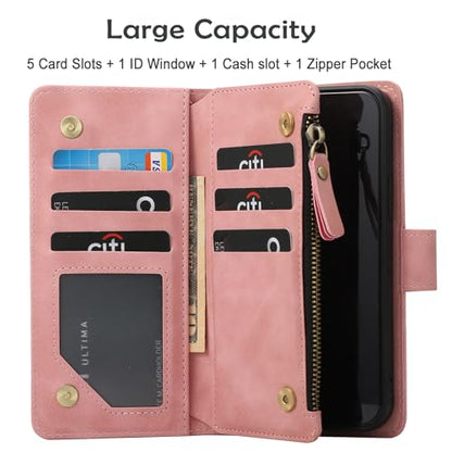 RANYOK Wallet Case for iPhone 15 (6.1 inch) with RFID Blocking Credit Card Holder, Premium PU Leather [Zipper Pocket] Flip Folio Case Wallet with Wrist Strap Kickstand Protective Case (Pink) - color: Pink