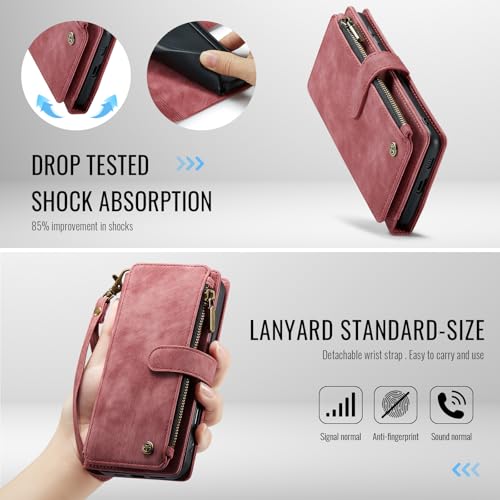 Samsung Galaxy S24 FE 5G Wallet Case with Card Holder Kickstand Magnetic Zipper Pocket Lanyard Strap Wristlet,Leather Flip Case Wallet for Samsung Galaxy S24 FE 6.7 Inch(Red) - color: Red, size: S24 FE 5G 6.7 Inch