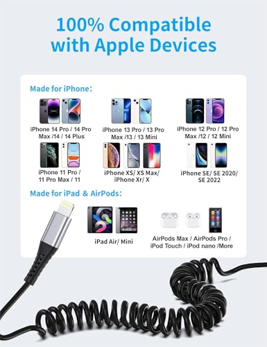 Coiled USB to Lightning Cable 3FT for Car, 2Pack iPhone Charging Cord - style: Coiled USB-A to Lightning