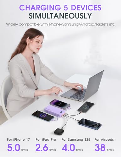 citicr Portable Charger 20000mAh PD20W w/Built-in Cables & Wall Plug Purple - color: Violet