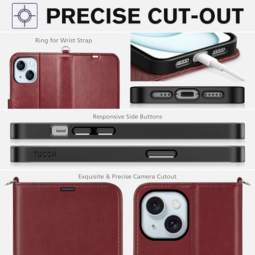 TUCCH Wallet Case with Wrist Strap for iPhone 15 (6.1") 2023, Dark Red | 4 Card Holders, RFID Blocking, Viewing Stand, Shockproof TPU Shell, PU Leather, Magnetic Closure, Folio Flip Cover - color: Dark Red with Strap