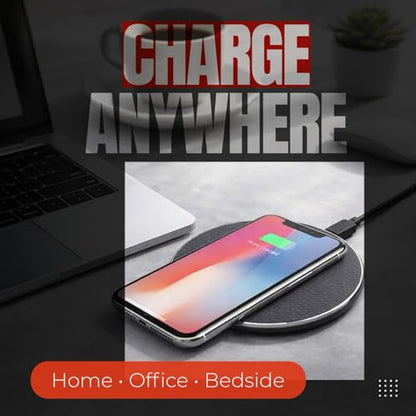 15W Wireless Charging Pad, Qi Compatible Wireless Charger for Smartphones, Fast Charging Non Slip Charger Mat with USB Cable for Desk, Office and Bedside