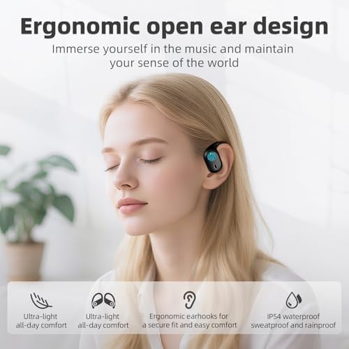 Open Ear Headphones, Bluetooth 5.4 Wireless Earbuds, 40H Playback, with LED Dgital Display, IP54 Waterproof Sports Headphones for Running, Cycling and Gym (Black)