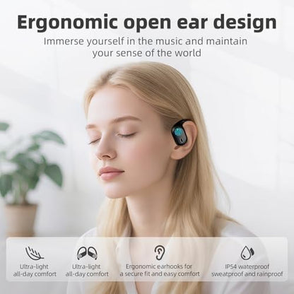 Open Ear Headphones, Bluetooth 5.4 Wireless Earbuds, 40H Playback, with LED Dgital Display, IP54 Waterproof Sports Headphones for Running, Cycling and Gym (Black)