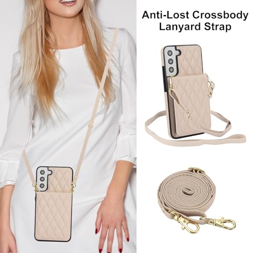 Phone Case for Samsung Galaxy S22 5G Wallet Cover with Tempered Glass Screen Protector Credit Slot Card Holder Crossbody Strap Stand RFID Blocking S 22 22S 4G G5 6.1 inch Women Men Girls Beige - color: Beige