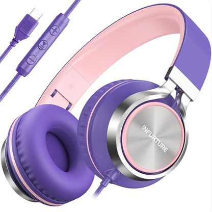 INFURTURE USB C Headphone for Kids & Adults Over-Ear Headphone with HD Mic - color: Pink-purple