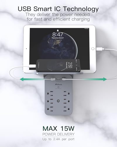 Wall Outlet Extender with Shelf, Surge Protector 6 AC Multi Plug Outlet - color: Grey, size: 3 USB