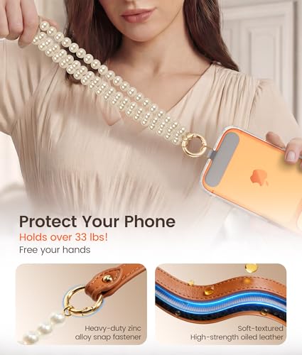 pcgaga Leather Pearl Phone Lanyard for Cellphone Case, Phone Strap Crossbody for Women's Case, Fashion Durable Skin-Friendly - color: Brown