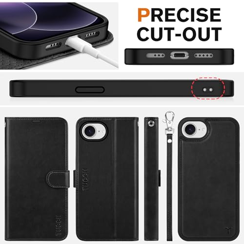 TUCCH 2-in-1 Detachable Wallet Case for iPhone 17e/16e (6.1"), Black | 4 Card Holders, RFID Blocking, Wireless Charging, Kickstand, Wrist Strap, Shockproof TPU, PU Leather, Magnetic, Folio Cover - color: Black