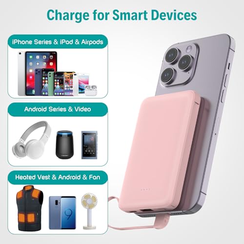 Sethruki Smallest Portable Charger with Built-in Cables 5000mAh,Ultra Slim Power Bank,Mini High Speed External Battery Packs,Lightweight USB C Phone Charger for iPhone Samsung Google Android (Pink) - color: pink