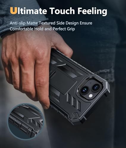 FNTCASE for iPhone 15/14/13 Case, Built-in Screen Protector, Kickstand | 20FT Military-Grade Drop Protection, Anti-Slip Matte Textured, Rugged Heavy Duty Shockproof Protective Phone Cover, Black - color: Black