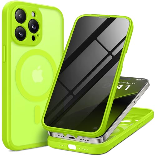 BERFY for iPhone 14 Pro Max Case, Compatible with MagSafe, Built-in Privacy Screen Protector, Camera Protection, Shockproof Full Body Phone Case 6.7", Translucent Neon Green - color: Bright Green, size: For Iphone 14 Pro Max 6.7 Inch