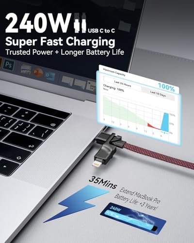Miger 240W 4 in 1 Charging Cable,6FT USB C to Lightning Cable Fast Charging