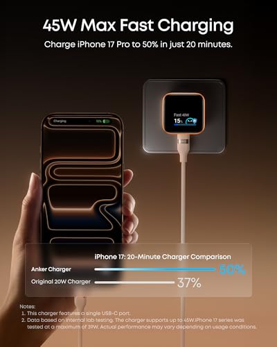 Anker Nano Smart Display Charger, 45W Max USB C Fast Charger for iPhone 17 - color: Orange
