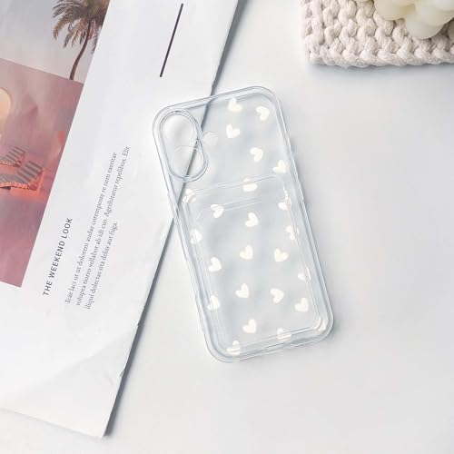 NITITOP Compatible with iPhone 16 Plus Case Clear with Card Holder Cute White Love Heart Pattern Design Design Soft TPU Shock-Absorbing Wallet Case Protective Cover - White - color: White, size: iPhone 16 Plus