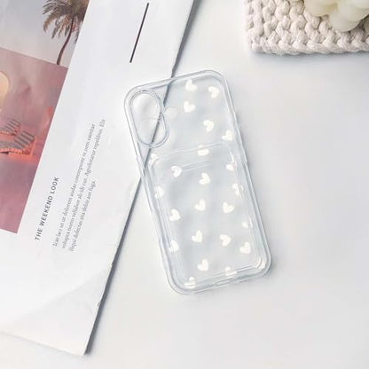 NITITOP Compatible with iPhone 16 Plus Case Clear with Card Holder Cute White Love Heart Pattern Design Design Soft TPU Shock-Absorbing Wallet Case Protective Cover - White - color: White, size: iPhone 16 Plus